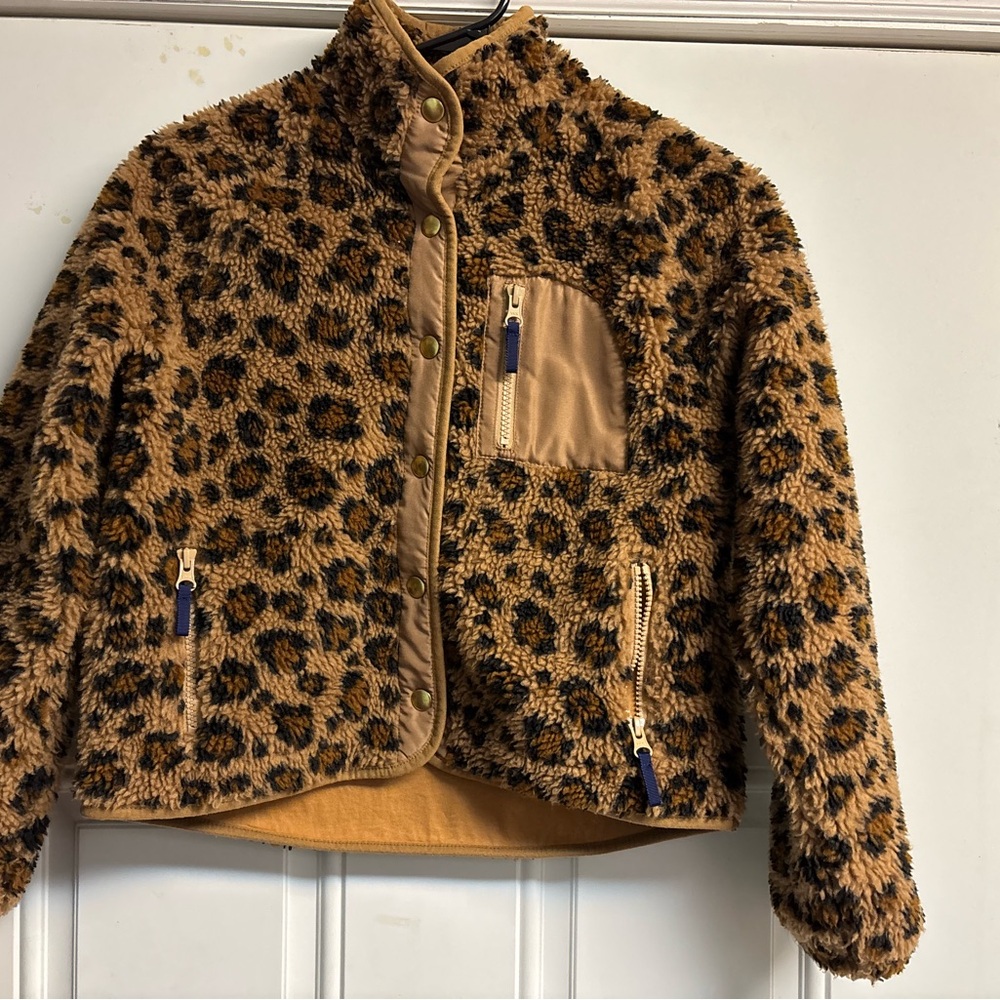 Crewcuts Girls Leopard Print Sherpa Jacket in Tan and Black